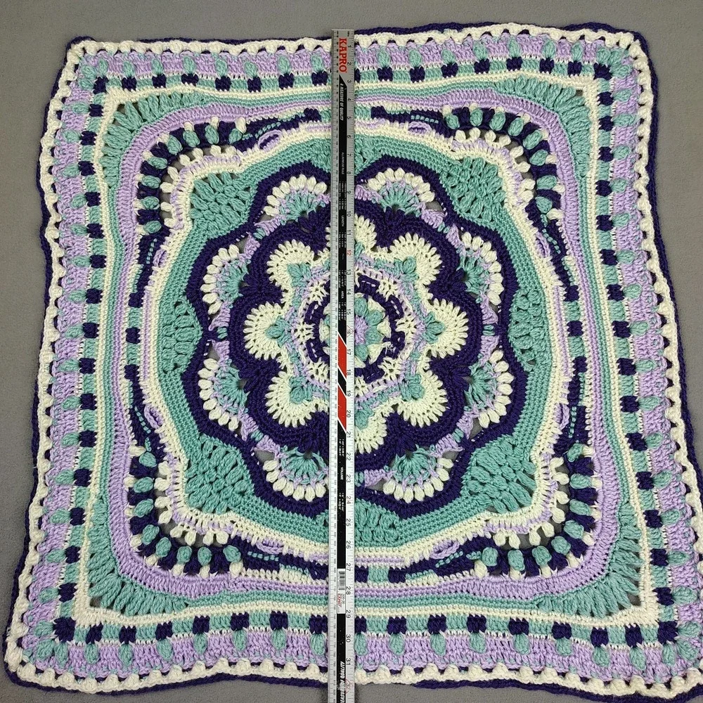 Vintage Handmade Crochet Baby Blanket Purple Blue 3-D Floral Design 32